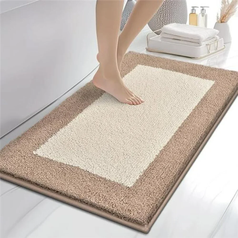 Beige gray bathroom rug non slip absorbent soft washable quick dry bath mat 24x3